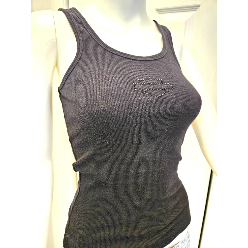 SOLD Y2K Harley Davidson Ribbed Tank with Black Rhinestone Logo Sz XS